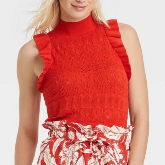 🆕 RED RUFFLE Knit TOP Tank Sweater Vest Who What Wear L NEW NWT - Picture 1 of 12